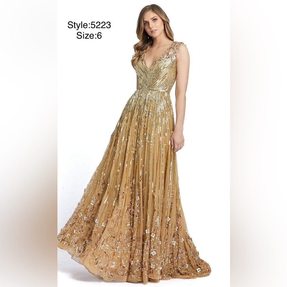 Mac Duggal Gold Sequin Embellished V-Neck Maxi Gown